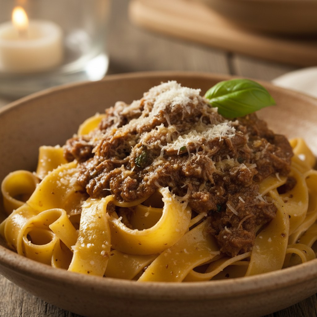 Geniş pappardelle şeritleri ve ragù