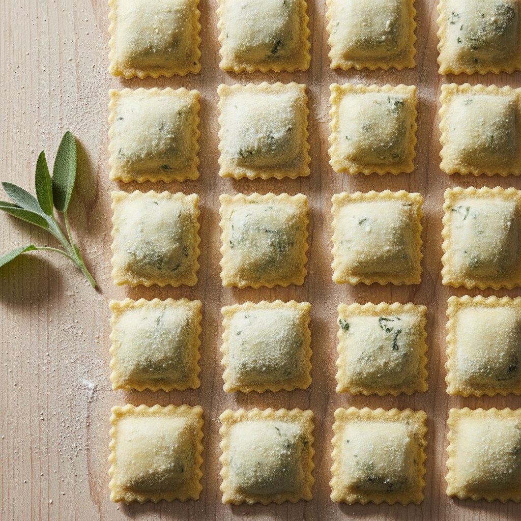 Ricotta ile doldurulmuş ravioli kareleri