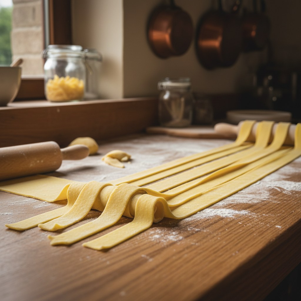 Tezgâhta açılan tagliatelle şeritleri